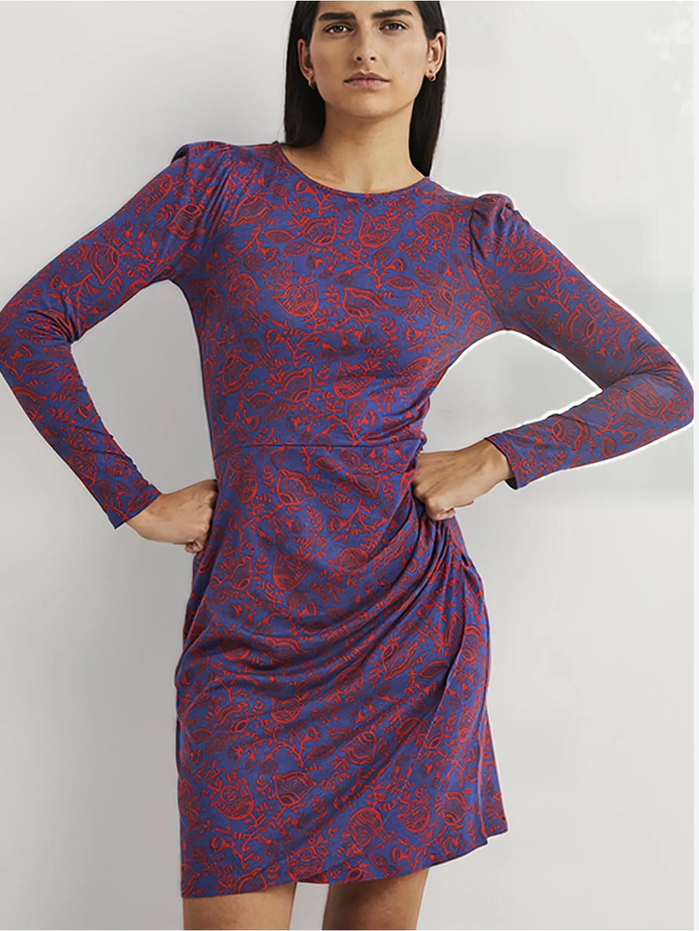 Boden Ruched jersey mini dress blue & red floral paisley print Size 16/18 L